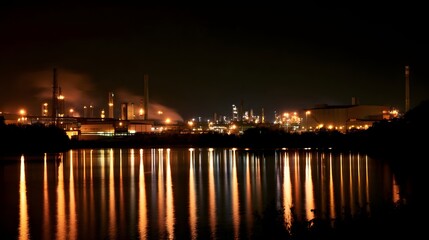 Naklejka premium Dramatic night view of industrial factory silhouettes and smokestacks illuminated by warm glowing lights