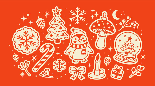 Festive Christmas pattern on a red background featuring a penguin, tree, candy cane, snowflake, snow globe, mushroom, candle, bow, and gift icons.