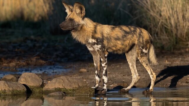 Alert African Wild Dog standing at the edge of a serene watering hole in its natural habitat, sunlight illuminating its unique coat.