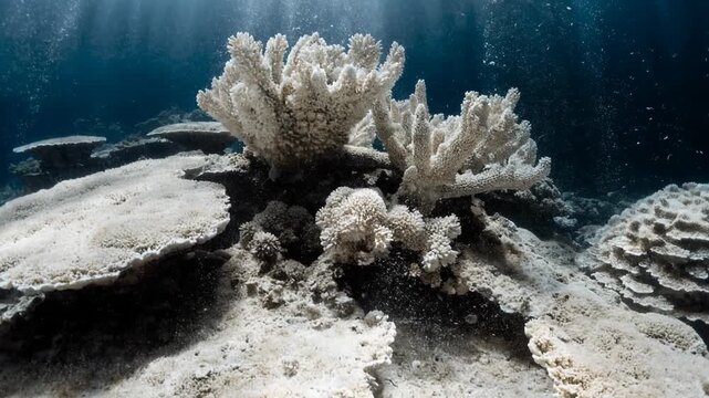 Bleached Coral Reef Structure Underwater, Ocean Current Particles Drifting, Marine Environment Ecosystem Degradation