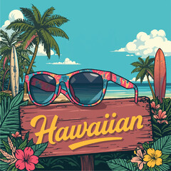 Hawaiian Summer Vacation Vector Illustration with Floral Sunglasses, Wooden Sign Board, Palm Trees and Surfboards on Tropical Beach Background © Shariarkarim