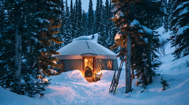 A warmly lit dwelling nestled in a snowy forest, with a pair of skis leaning against a tree. The sky is dark