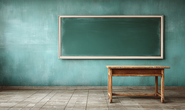 A vintage classroom scene shows a weathered turquoise wall with a blank chalkboard. A simple, wooden desk sits below the board, creating a nostalgic academic ambiance