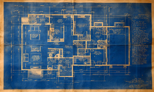A vintage blueprint with detailed room layouts, windows, doors, dimensions, and annotations. The aged paper has creases and a faded blue background