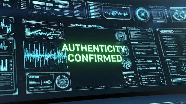 Futuristic digital validation processing screen with green checkmark and biometric data security interface