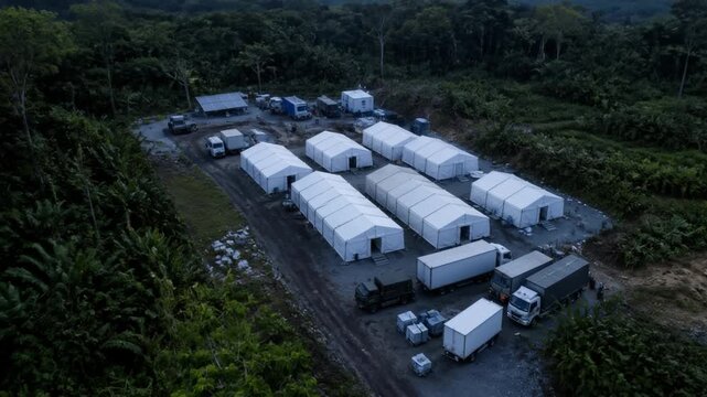 Aerial drone view of a temporary field hospital camp with multiple tents and trucks in a remote jungle clearing