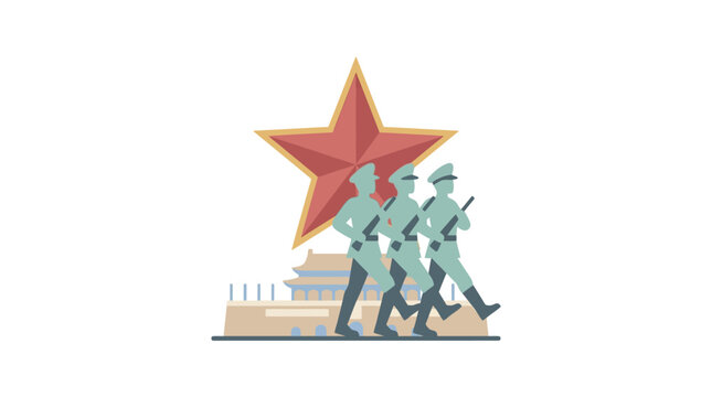 Soldiers marching past a large red star monument