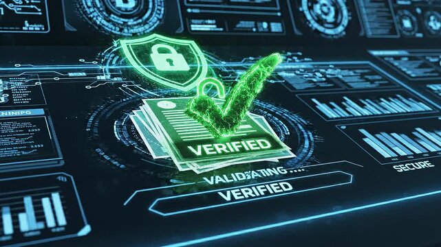 Digital data security concept with document validation and cyber protection technology interface