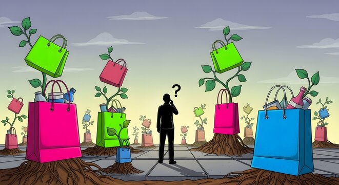 Conceptual illustration of consumerism with shopping bags growing like plants in a surreal landscape with a thinking man