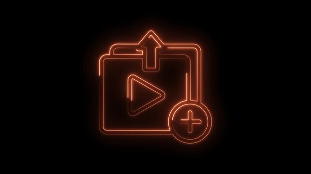 Neon glowing play button folder upload icon with plus sign on black background digital interface