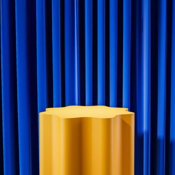 Abstract yellow wavy podium positioned before deep blue curtain background presenting a modern minimal display concept in a vibrant contemporary scene. 3D Rendering