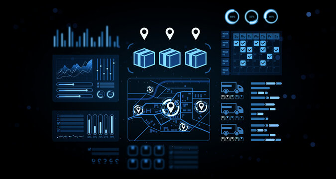 Advanced logistics dashboard interface featuring glowing shipment icons, route mapping, analytic charts and futuristic monitoring elements on dark background. 3D Rendering