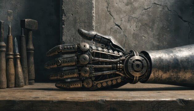 Intricate Mechanical Hand Resting Near Craftsmanship Tools on a Textured Workshop Surface, Cinematic Capture