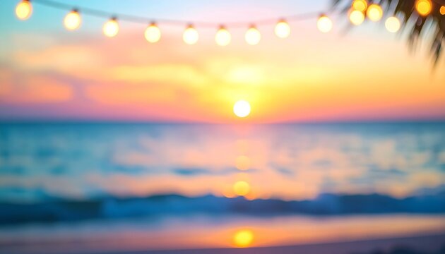 Summer sunset blurred beach background with festive garland bokeh lights for widescreen banner