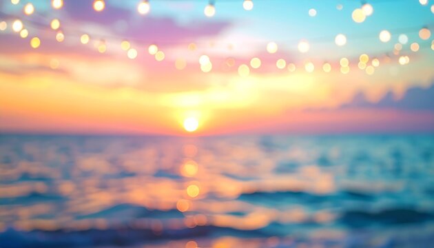 Summer sunset blurred beach background with festive garland bokeh lights for widescreen banner
