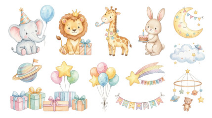 Fototapeta premium Adorable safari and woodland birthday watercolor bundle featuring balloons, gifts and pastel party accents. Collection of Vector illustrations for invitation, card, poster, banner, decoration 