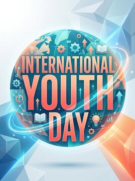 International Youth Day poster with globe and typography on a bright blue background