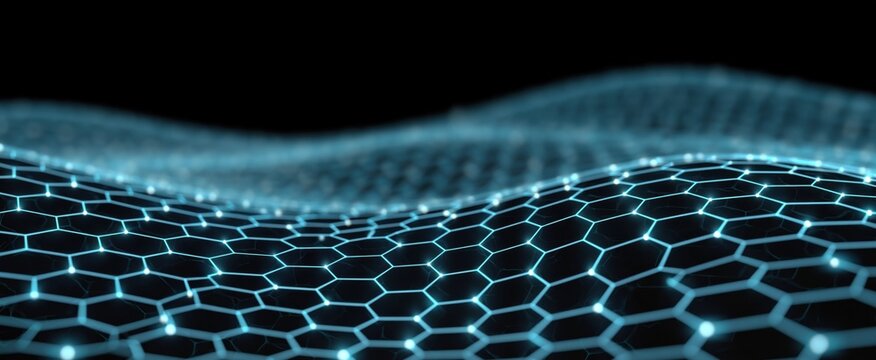 Cool abstract background with glowing hexagonal mesh and techy 3D curves featuring wind turbine.
