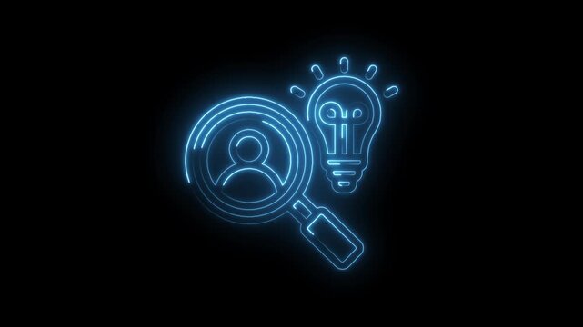 Neon blue magnifying glass over person icon with glowing light bulb symbol on black background