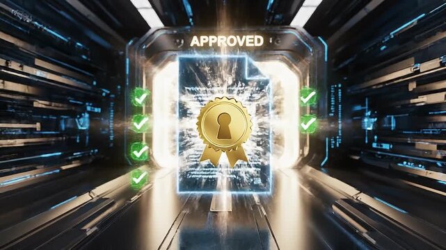 Digital approved document with security seal and futuristic technology background concept