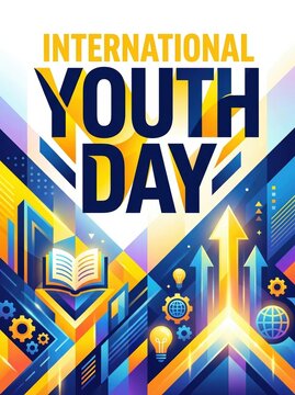 International Youth Day poster with typography education icons and colorful abstract background