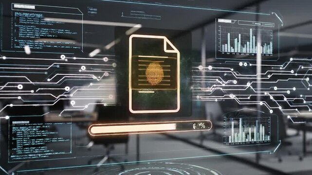 Futuristic digital fingerprint authentication and data validation technology in modern office setting