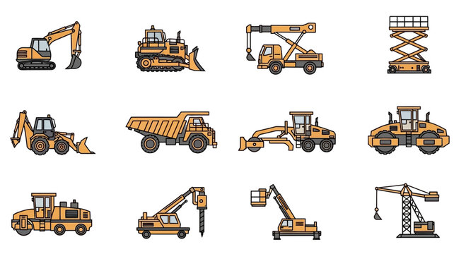 Pixel Art Construction Vehicles Collection: Excavator, Bulldozer, Crane, Dump Truck, Loader