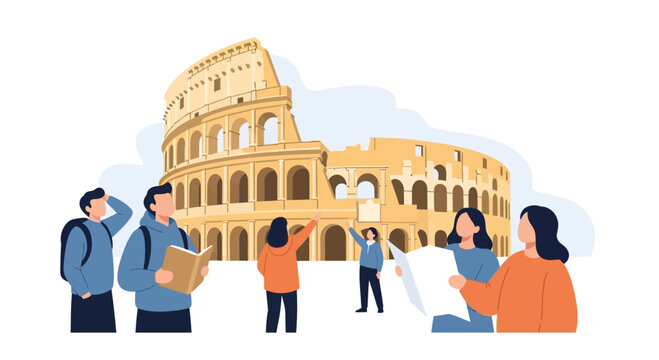 Tourists exploring Colosseum, Rome illustration, travel, vacation, history, culture, landmark