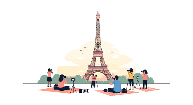 Tourists Photograph Eiffel Tower in Paris with Vintage Cameras