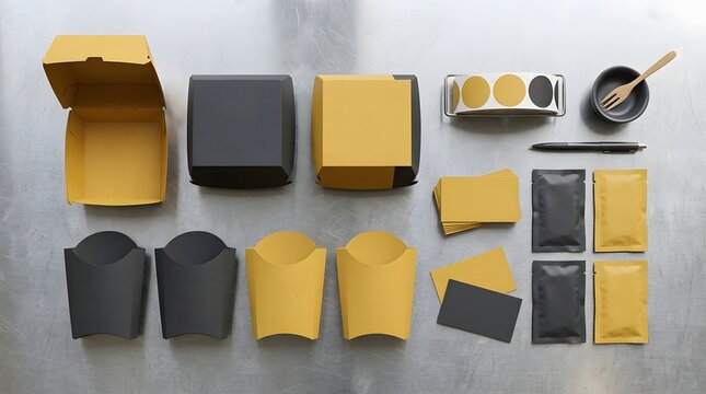 Assorted colorful boxes and containers on a gray surface.