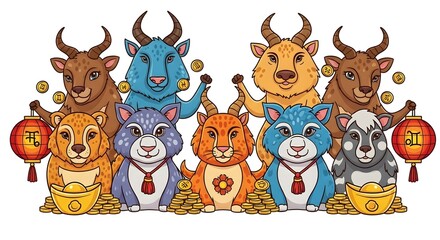Fototapeta premium Colorful Cartoon Zodiac Animals Celebrating Lunar New Year with Gold Ingots and Festive Decorative Lanterns