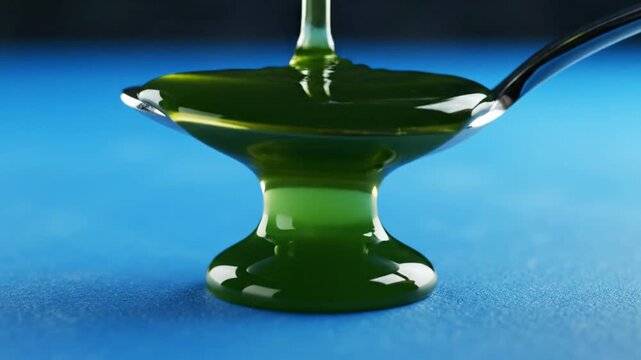 Macro shot of thick green liquid dripping onto a silver spoon against a blue background.