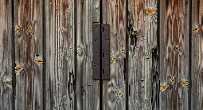 Aged wooden planks with a dark metal hinge showcasing weathered texture and rustic construction wood timber grain vintage