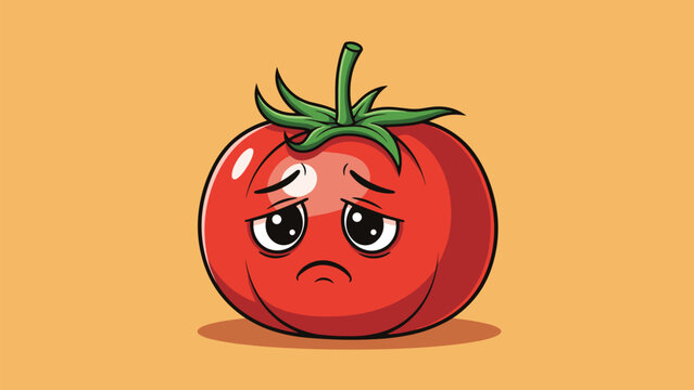 Lonely sad tomato character with tearful eyes and a drooping mouth is depicted against a warm orange background for expressive art.