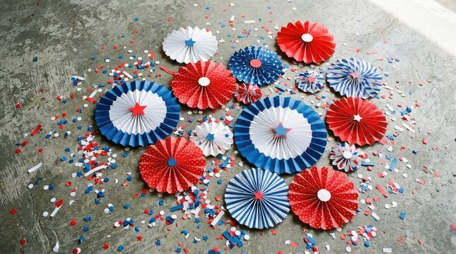 Red white and blue paper fans and confetti decoration