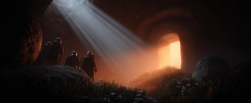 Ancient sentinels stand watch over a holy crypt in a stunning resurrection scene.
