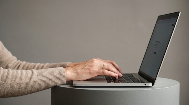 Focused Work Session: A close-up shot captures a person's hands typing on a laptop keyboard, demonstrating concentration and engagement in a digital task.