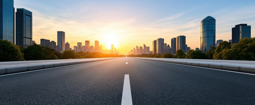 Sunset casts warm hues over a spacious city street with sleek pavement and contemporary skyline.