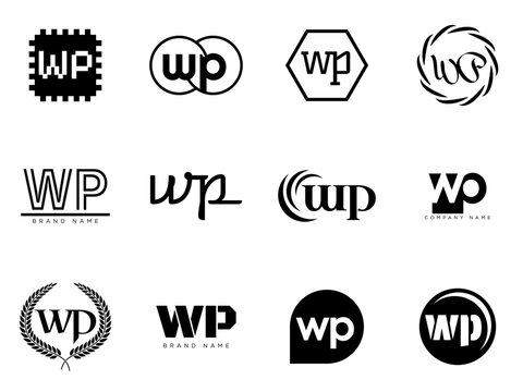 WP logo company template. Letter w and p logotype. Set different classic serif lettering and modern bold text with design elements. Initial font typography.