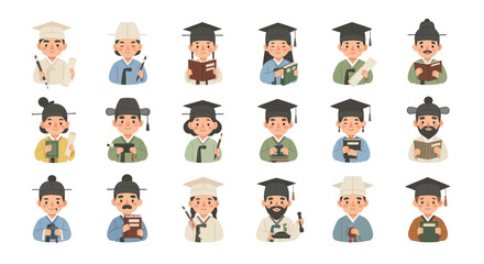 Fototapeta premium Flat Design Korean Scholars Students Avatar Set. Education, History Culture Characters in Traditional Graduation Attire