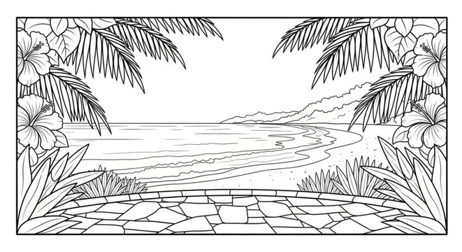 Tropical Palm Trees and Flowers Illustration.