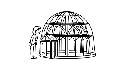 A woman standing and observing a large glass dome structure. © Afinaja