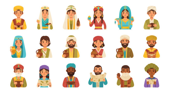 Ancient Biblical Characters Flat Cartoon Vector Icons. Diverse Men  Women for Religion  History.