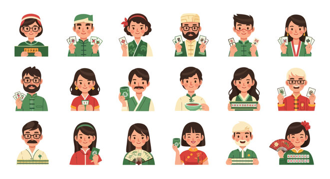 Asian Culture Gaming Characters Avatars Collection - Flat Vector Illustration of Diverse People Playing Cards  Mahjong