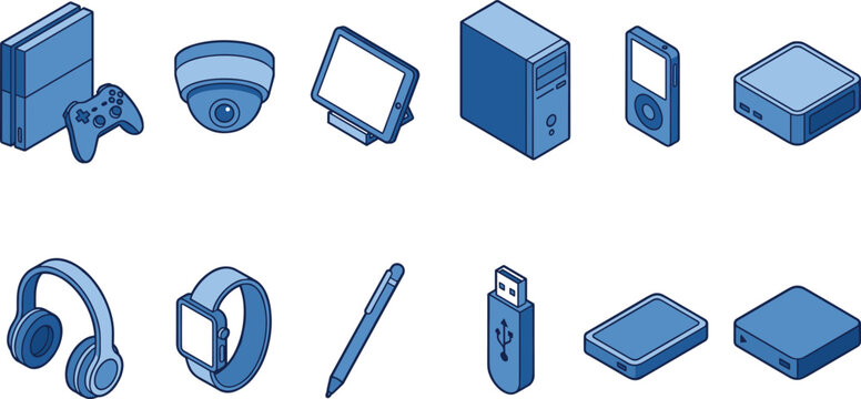 Consumer electronics and technology devices collection with gaming console, headphones, smartwatch, USB drive and computer equipment vector set