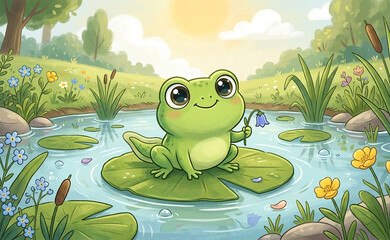 Fototapeta premium Cute baby frog holding a flower on a lily pad