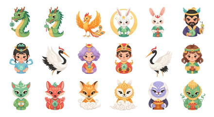Obraz premium Cute Chinese Zodiac Animals, Gods, and Mythical Creatures Vector Illustration