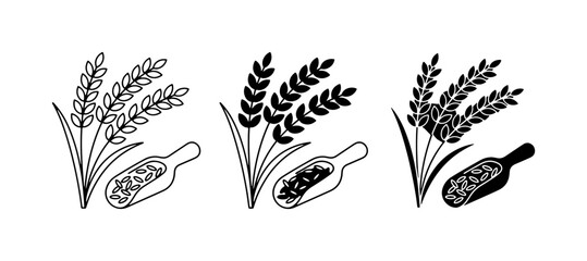 Fototapeta premium Rice Grains Harvest Icons, Agricultural Crop Vector Set, Food Staple Illustration