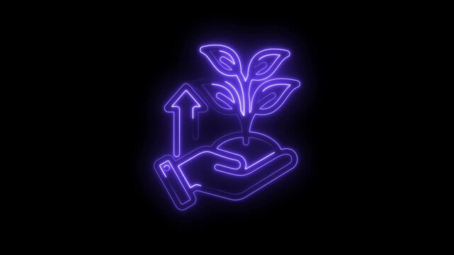 Neon purple glowing icon of a hand holding soil with a growing plant and upward arrow symbolizing