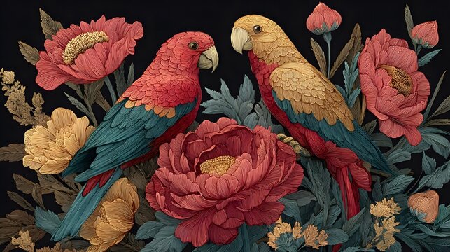 two colorful birds sitting on some flowers.
